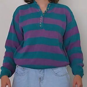 Women's Striped Pullover Sweater Teal & Purple Buttons 1990s Vintage Hornets